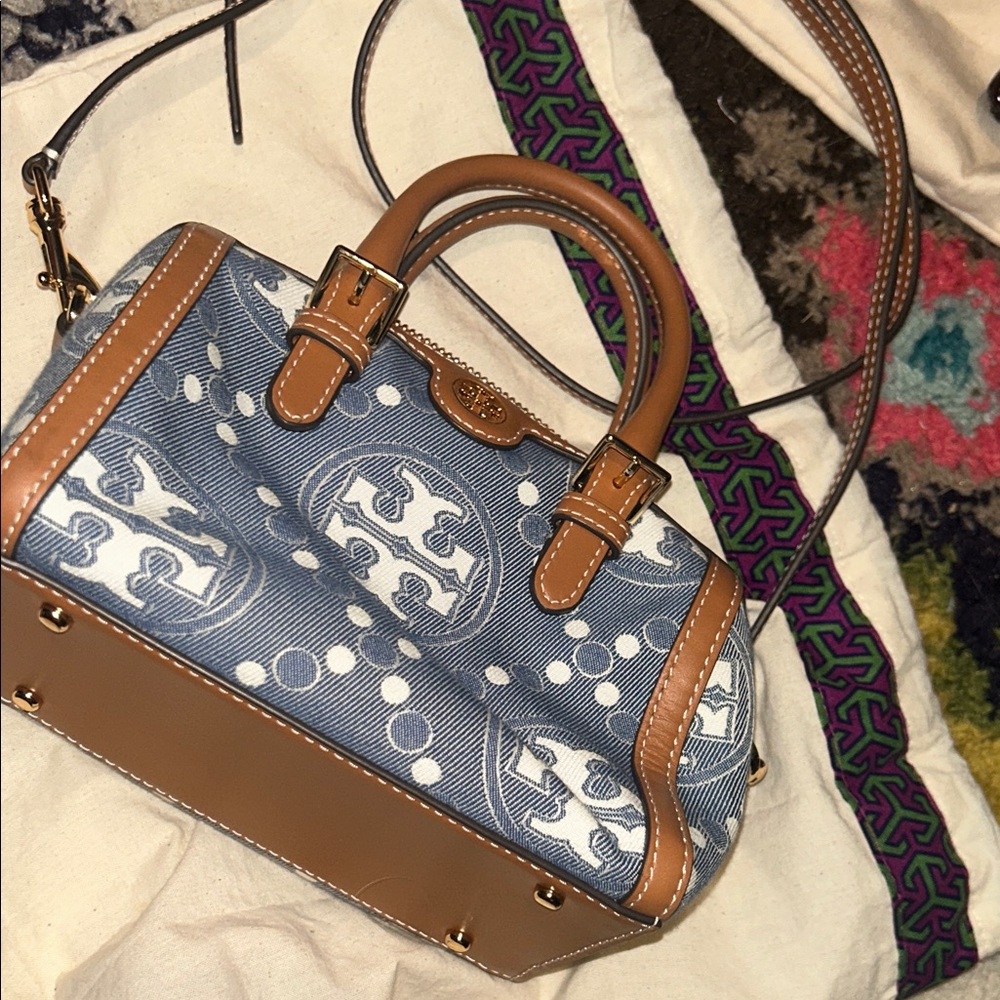 Tory Burch Denim Blue and Tan Satchel